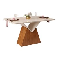 Mesa de Sala Jantar Argo + Tampo Madeirado Vidro Curvo 136x90cm Freijó/Off White - DJ Móveis
