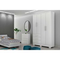 Guarda Roupa 4 Portas Encant 3 Gavetas c/Espelho e Pés Branco - Novo Horizonte
