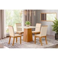 Sala de Jantar Completa Dora c/ Tampo Madeirado 90cm + 4 Cadeiras Isa Nature/Veludo Light Linho - Henn