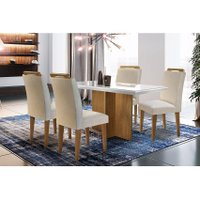 Conjunto: Mesa Sala Jantar Berlim Tampo c/Vidro 120cm Canto Reto + 4 Cadeiras Athenas Imbuia/Creme - Rufato