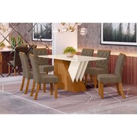 Sala de Jantar Completa Epic c/ Tampo Madeirado c/ Vidro 160cm + 6 Cadeiras Vita Nature/Veludo Light Bege Vanilla - Henn