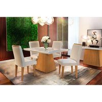 Conjunto: Mesa Sala Jantar Luna Tampo Madeirado 120cm + 4 Cadeiras Berlim Imbuia/Creme - Rufato