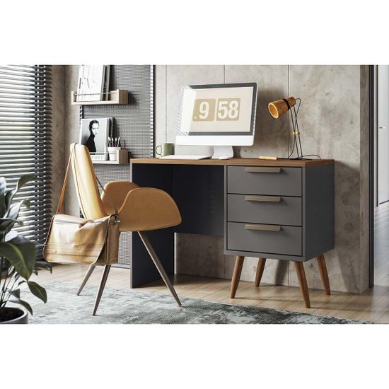 Mesa de Escritório Home Office New Conect c/ 3 Gavetas GrafitteJatoba - Santos Andirá