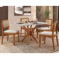Mesa de Sala Jantar Donna c/ Tampo Madeirado c/ Vidro 120cm + 4 Cadeiras Rainha Natural - Nesher