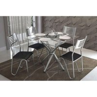 Conjunto: Mesa de Cozinha Volga c/ Tampo Vidro 90cm+4 Cadeiras Nápoles Cromado/Courano Preto - Kappesberg