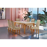 Conjunto: Mesa Sala Jantar Londrina c/ Tampo Madeirado c/ Vidro 180cm + 6 Cadeiras Londrina Imbuia/Linho Turim - Rufato