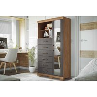 Cômoda Solteiro Marabá 1.6 c/ 1 Porta 2 Nichos e 6 Gavetas c/ Espelho e Pés Jatoba/Grafitte - Santos Andirá