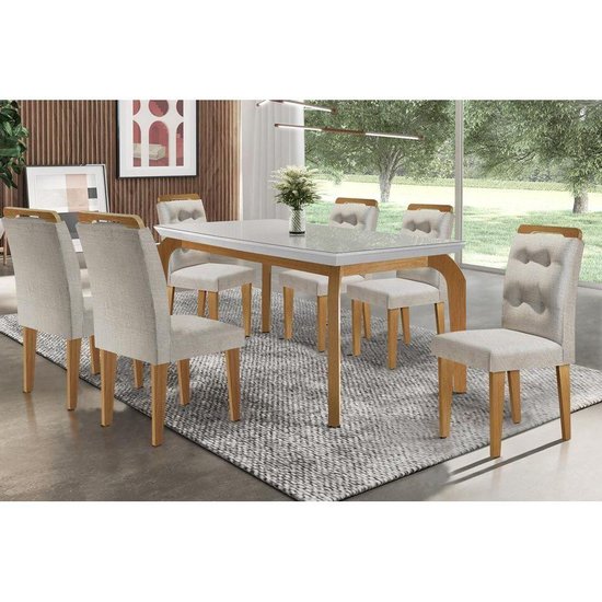 Conjunto: Mesa Sala Jantar Londrina Tampo Madeirado c/ Vidro 180cm + 6 Cadeiras Imperatriz Imbuia/Bege - Rufato