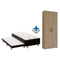 Cama Box Solteiro Conjugado Ortobom Black c/ Auxiliar + Armário Multiuso Margarida Rústico