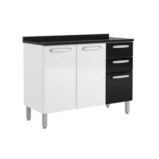Balcão de Cozinha Evidence 7124 3 Portas e 2 Gavetas c/Tampo 120cm Branco/Preto - Bertolini