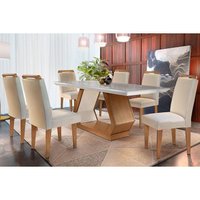 Conjunto: Mesa Sala Jantar Alvorada Tampo Madeirado c/ Vidro 180cm Canto Reto + 6 Cadeiras Athenas Imbuia/Creme - Rufato
