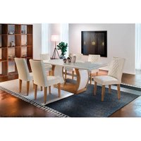 Conjunto: Mesa Sala Jantar Jade c/ Tampo Madeirado c/ Vidro Canto Reto 180cm + 6 Cadeiras Jade Imbuia/OW/Creme - Rufato