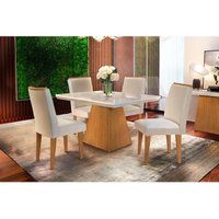 Conjunto: Mesa Sala Jantar Luna Tampo Madeirado 120cm Canto Reto + 4 Cadeiras Lunara Imbuia/Creme - Rufato
