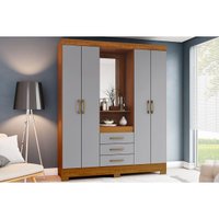 Guarda Roupa 4 Portas e 3 Gavetas c/ Espelho Briz B24 Nature/Veludo Light Cinza Gelo - Henn