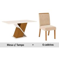 Conjunto: Mesa Sala Jantar Solus c/ Tampo Madeirado Vidro 160cm + 6 Cadeiras Tauá Nature/Veludo Light Linho - Henn