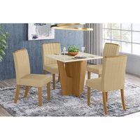 Conjunto: Mesa Sala Jantar Vértice c/ Tampo Madeirado 90cm + 4 Cadeiras Tauá Nature/Veludo Light Linho - Henn