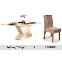 Conjunto: Mesa Sala Jantar Zafira Madeirado c/ Vidro 200cm + 8 Cadeiras Ísis Ipê/OW/Kraft - DJ Móveis