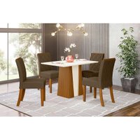 Sala de Jantar Completa Orus c/ Tampo Madeirado 120cm + 4 Cadeiras Vita Nature/Veludo Light Bege Vanilla - Henn
