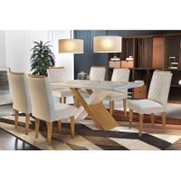 Conjunto: Mesa Sala Jantar Imperatriz c/ Tampo Madeirado Canto Reto 180cm + 6 Cadeiras Jade Imbuia/Creme - Rufato