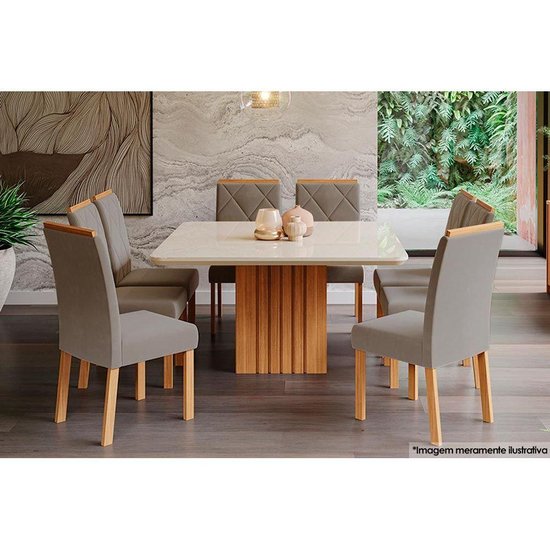 Sala de Jantar Completa Ana c/ Tampo Madeirado c/ Vidro 130cm + 8 Cadeiras Fernanda Nature/OW/Joli - Cimol