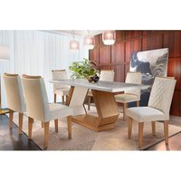 Sala de Jantar Completa Alvorada c/ Tampo Madeirado Canto Reto 180cm + 6 Cadeiras Jade Imbuia/Veludo Creme - Rufato