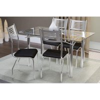 Conjunto: Mesa de Cozinha Reno c/ Tampo Vidro 150cm + 4 Cadeiras Nápoles 150 Cromado/Courano Preto - Kappesberg