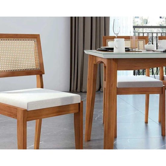 Kit 6 Cadeiras Sala Jantar Monalisa c/ Tampo Madeirado c/ Vidro 160cm + 6 Cadeiras Rainha Natural - Nesher