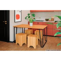 Conjunto: Mesa de Cozinha Lisa c/ Tampo Madeirado 130cm + 4 Bancos Kim Preto/Nature - Cimol