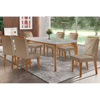 Conjunto: Mesa Sala Jantar Londrina Tampo Madeirado c/ Vidro 180cm + 6 Cadeiras Melissa Imbuia/Linho Turim - Rufato