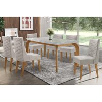 Conjunto: Mesa Sala Jantar Londrina Tampo Madeirado c/ Vidro 180cm + 6 Cadeiras Dafne Imbuia/Bege - Rufato