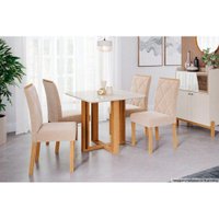Conjunto: Mesa Sala Jantar Flora c/ Tampo Madeirado 95cm + 4 Cadeiras Fernanda Nature/OW/Nude - Cimol