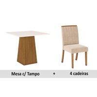 Conjunto: Mesa Sala Jantar Dora c/ Tampo Madeirado 90cm + 4 Cadeiras Tauá Nature/Veludo Light Linho - Henn