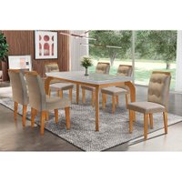 Conjunto: Mesa Sala Jantar Londrina Tampo Madeirado c/ Vidro 180cm + 6 Cadeiras Imperatriz Imbuia/Linho Turim - Rufato