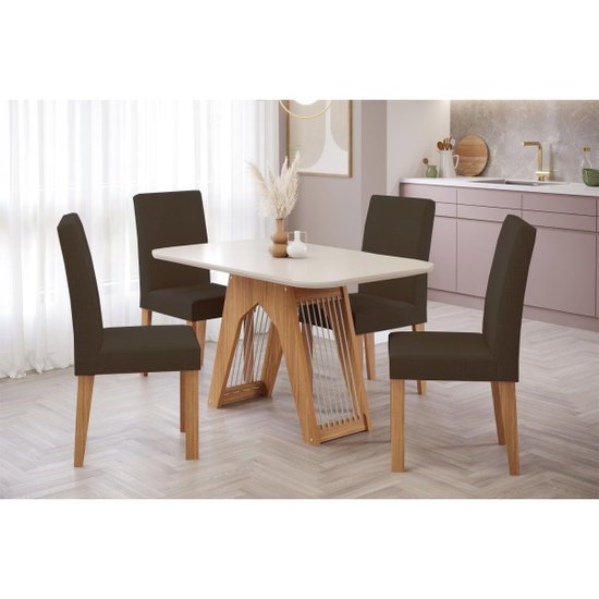 Conjunto: Mesa Sala Jantar Carol c/ Tampo Madeirado c/ Vidro 130cm + 4 Cadeiras Maia Nature/Off White/Mascavo - Cimol