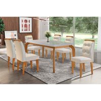 Conjunto: Mesa Sala Jantar Londrina Tampo Madeirado c/ Vidro 180cm + 6 Cadeiras Imperatriz Imbuia/Veludo Creme - Rufato