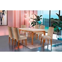 Conjunto: Mesa Sala Jantar Londrina Tampo Madeirado c/ Vidro 180cm + 6 Cadeiras Lunara Imbuia/Linho Turim - Rufato