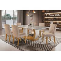 Sala de Jantar Completa Jade c/ Tampo Madeirado c/ Vidro Canto Curvo 180cm + 6 Cadeiras Jade Imbuia/Bege Turim - Rufato