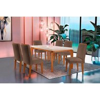 Conjunto: Mesa Sala Jantar Londrina Tampo Madeirado c/ Vidro 180cm + 6 Cadeiras Lunara Imbuia/Animale Chocolate - Rufato