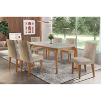 Sala de Jantar Completa Londrina Tampo Madeirado c/ Vidro 180x90cm e 6 Cadeiras Jade Imbuia/Linho Turim - Rufato