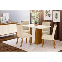 Conjunto: Mesa Sala Jantar Orus c/ Tampo Madeirado 120cm + 4 Cadeiras Tauá Nature/Veludo Light Linho - Henn