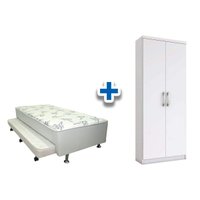 Cama Box Solteiro Conjugado Ortobom White c/ Auxiliar + Armário Multiuso Margarida Branco