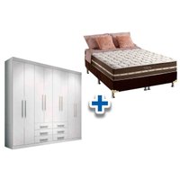 Cama Box Casal + Colchão Classic + Guarda Roupa Master 8.6 Branco