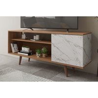 Rack para TV R1486 até 42 Polegadas c/ 1 Porta Amendoa/Marmore Branco - Tecno Mobili