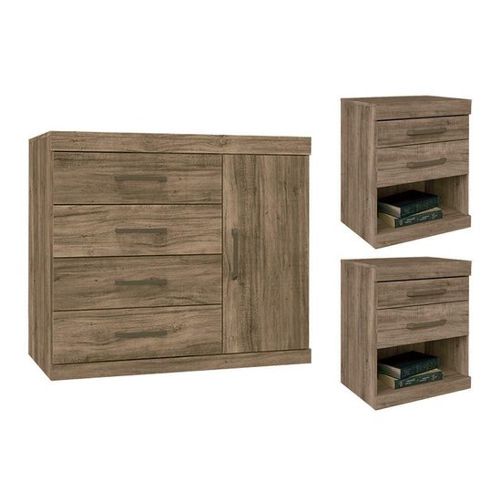 Cômoda de Quarto 3 Peças (1 Cômoda + 2 Mesas Cabeceira) QS82 Atacama - Santos Andirá