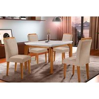 Sala de Jantar Completa Londrina Tampo Madeirado c/ Vidro 120cm + 4 Cadeiras Athenas Imbuia/Bege Turim - Rufato