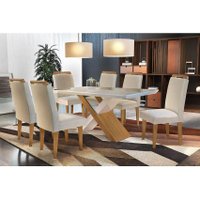 Conjunto: Mesa Sala Jantar Imperatriz Tampo Madeirado 180cm Canto Reto + 6 Cadeiras Athenas Imbuia/Creme - Rufato