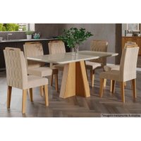 Conjunto: Mesa Sala Jantar Maitê c/ Tampo Madeirado c/ Vidro 160cm + 6 Cadeiras Paola Nature/OW/Nude - Cimol