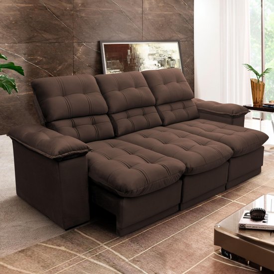 Sofá Retrátil Reclinável Atenas 2,30m Suede Velut Marrom Molas no Assento - King House
