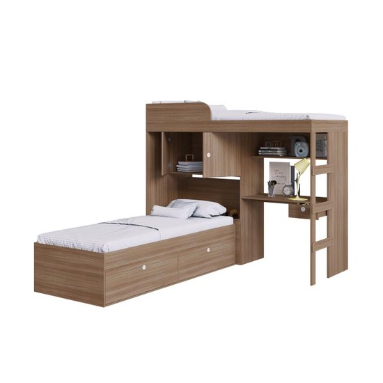 Quarto Juvenil com Cama Alta 80 Lion e cama 80 Tókio Montana - Art In Móveis