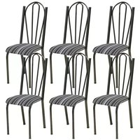 Kit 06 Cadeiras Tubular Cromo Preto 021 Assento Preto Listrado